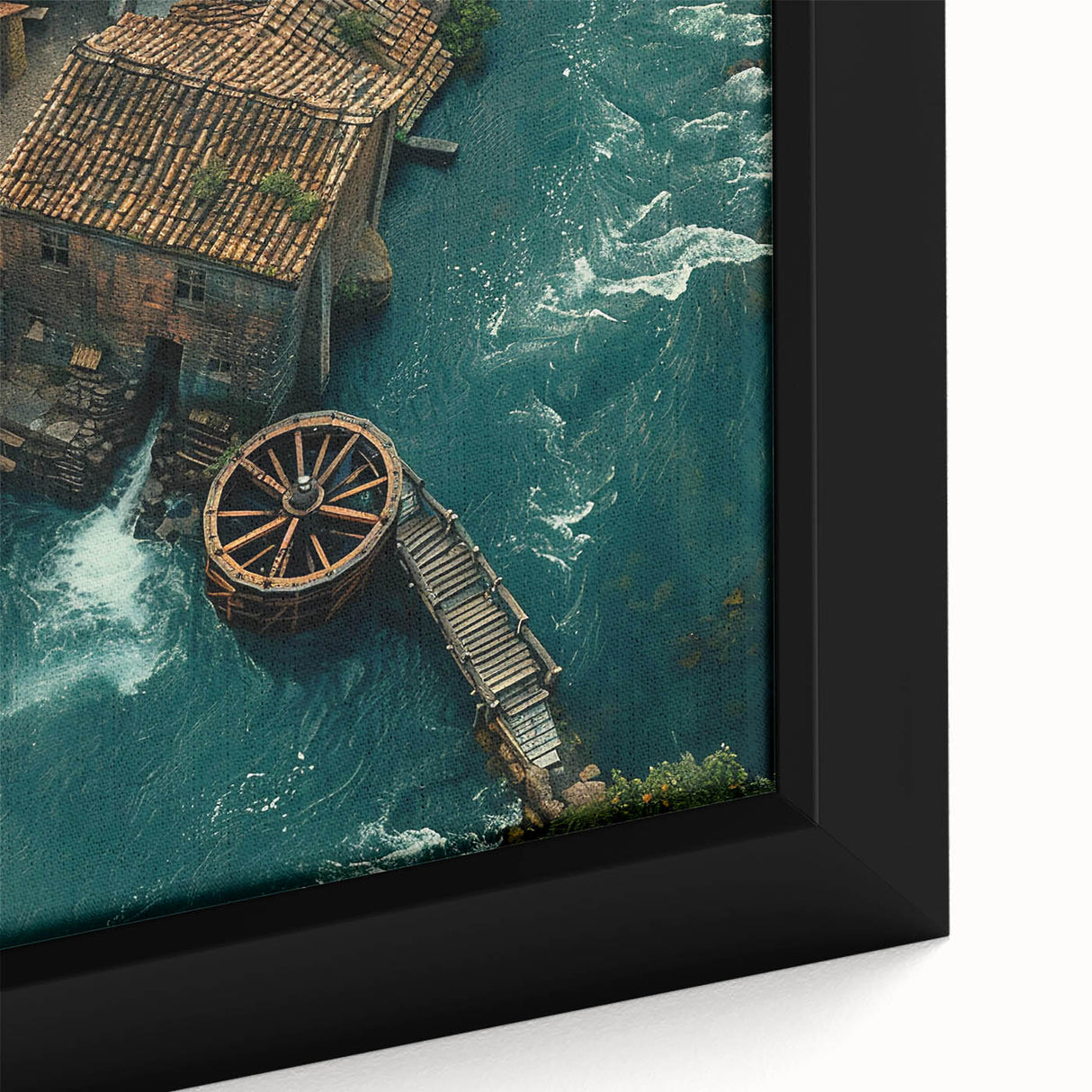 Close-up of a framed canvas wall art piece depicting a serene watermill landscape, featuring vibrant colors and detailed textures, perfect for home decor.