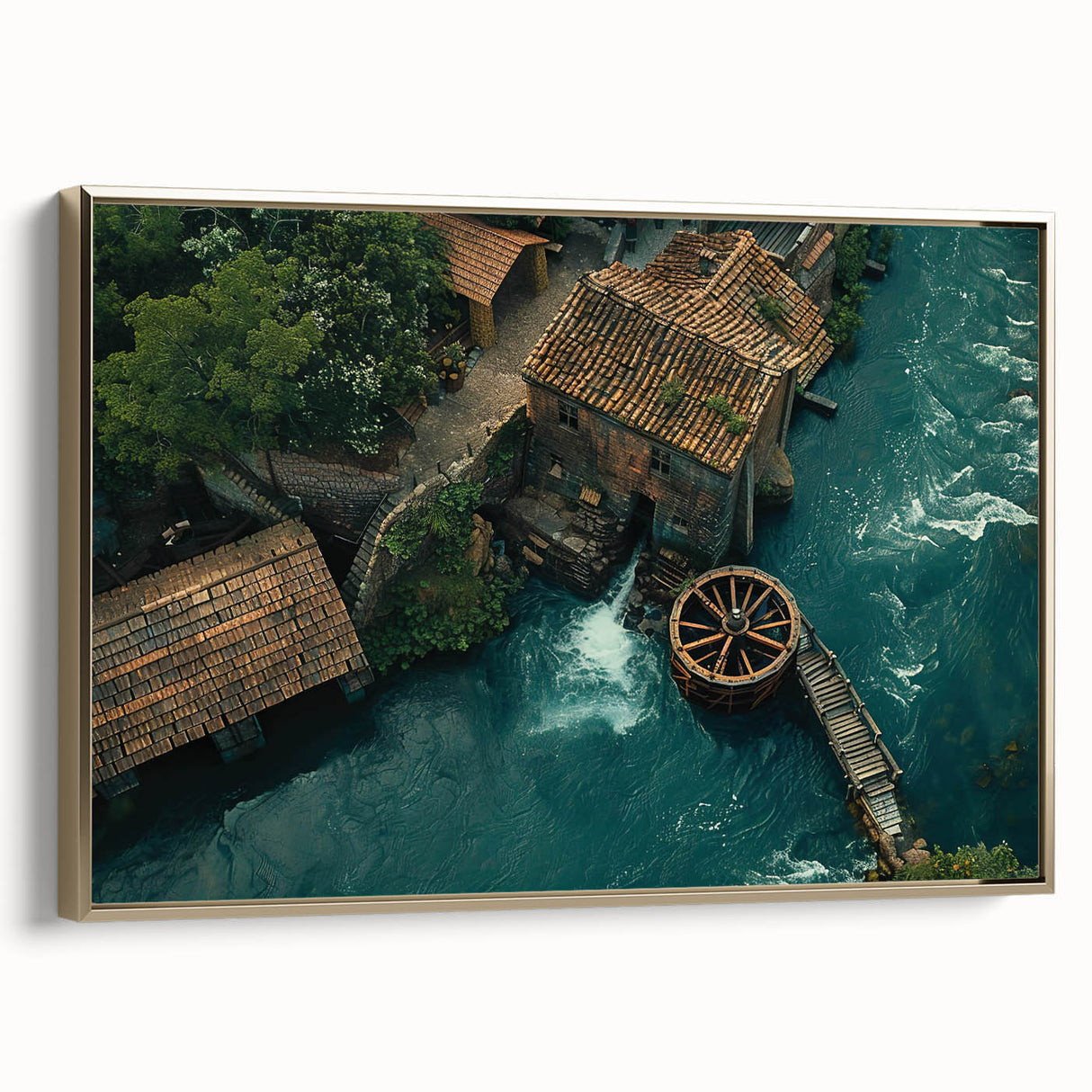 Framed canvas wall art collection showcasing elegant watermill landscapes in a gold frame, ideal for enhancing home decor with serene nature themes. The artwork features rich colors and intricate details, adding a touch of sophistication to any room.