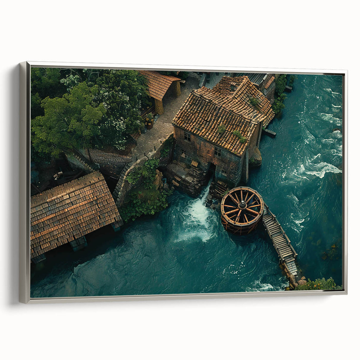 Framed canvas wall art showcasing a serene watermill landscape design, featuring soft hues of blue and green, with a sleek silver frame, ideal for home decor.