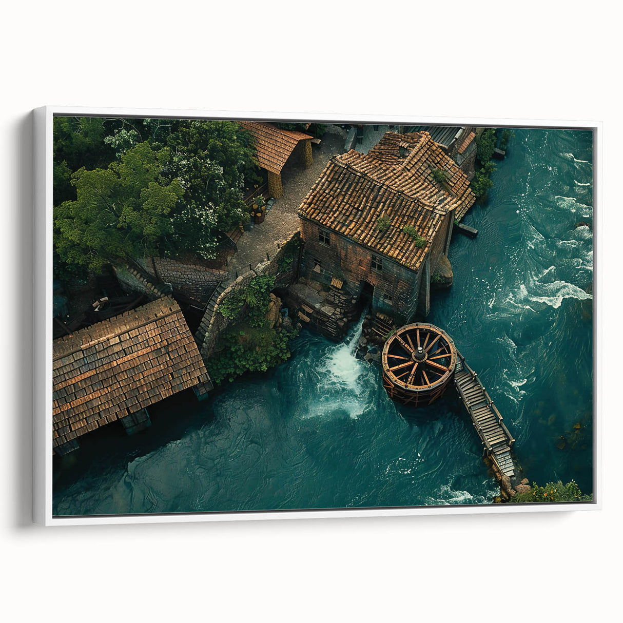Framed canvas wall art collection showcasing serene watermill landscapes, featuring a white frame, perfect for enhancing home decor with a tranquil touch.