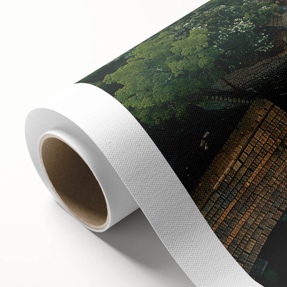 Rolled canvas artwork showcasing a serene landscape with watermills, featuring soft pastel colors and intricate detailing, ideal for home decor or art enthusiasts.