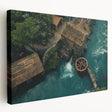 Stretched canvas wall art depicting serene watermill landscapes in earthy tones, designed to enhance rustic home decor with natural beauty and tranquility.