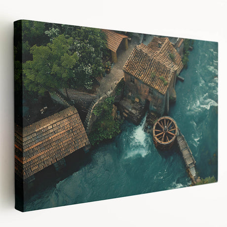Stretched canvas wall art depicting serene watermill landscapes in earthy tones, designed to enhance rustic home decor with natural beauty and tranquility.