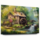 Acrylic glass wall art showcasing a serene landscape of watermills, featuring vibrant colors and intricate details, designed to enhance modern decor aesthetics.