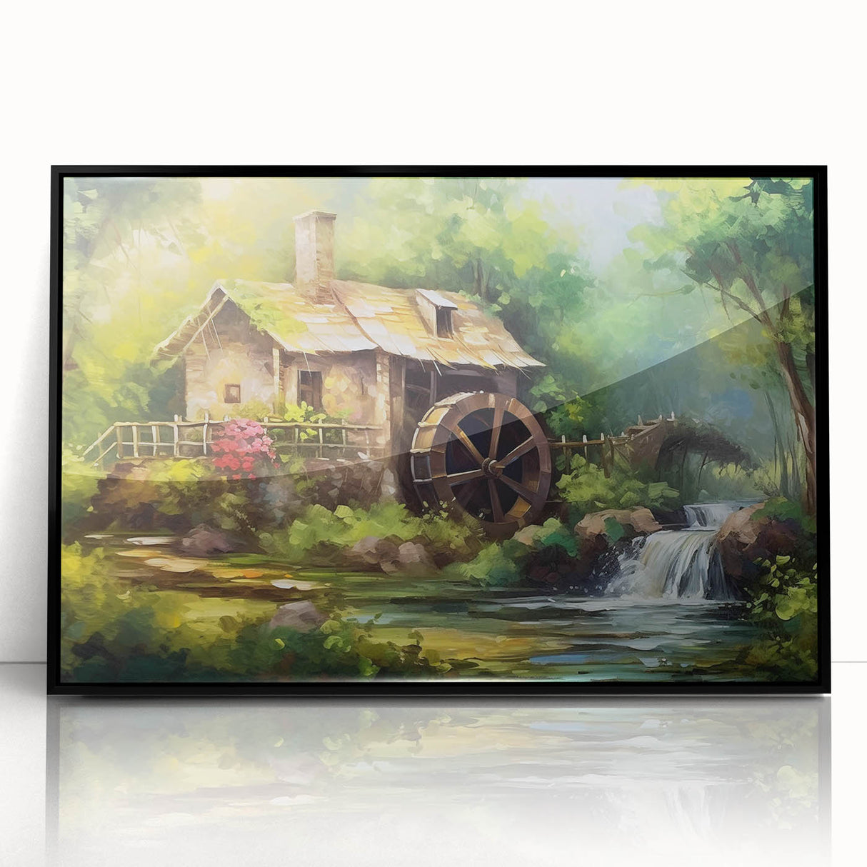 Framed acrylic wall art featuring a serene landscape of watermills, showcasing a black frame that enhances the vibrant colors. Ideal for home decor.
