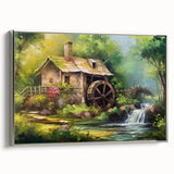 Framed canvas wall art collection showcasing serene watermill landscapes in soft colors, elegantly designed with a silver frame, ideal for home decor.