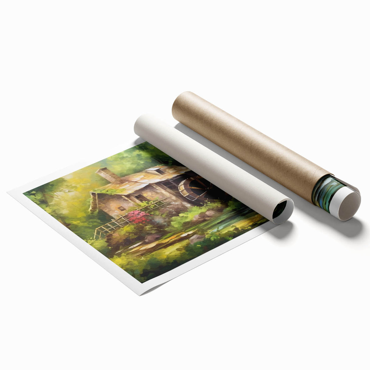 Rolled print showcasing a serene landscape of watermills, featuring soft hues of green and blue, ideal for enhancing home decor with a natural touch.
