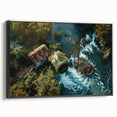 Framed canvas wall art featuring a serene watermill landscape design, presented in a sleek black frame, showcasing vibrant colors and intricate details for modern decor.