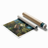 Rolled print of a serene landscape featuring a watermill, framed by lush greenery and a clear blue sky, ideal for enhancing home decor with a calming nature theme.