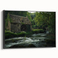 Framed canvas wall art depicting serene watermill landscapes in vibrant colors, showcased from a black side view, ideal for home decor and artistic ambiance.