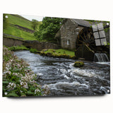 Acrylic wall art piece showcasing a serene watermill landscape design, elegantly framed with pins, reflecting natural colors and textures, ideal for home decor.