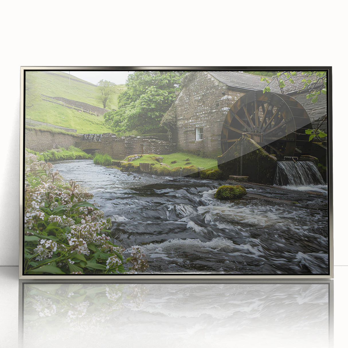 Framed acrylic wall art featuring a serene landscape of watermills, showcasing intricate details and a silver frame, perfect for modern home decor.