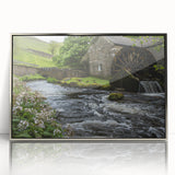 Framed acrylic wall art featuring a serene landscape of watermills, showcasing intricate details and a silver frame, perfect for modern home decor.
