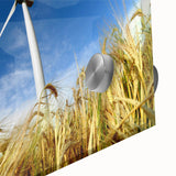 Close-up of a vibrant acrylic glass wall art piece showcasing a serene landscape with windmills, perfect for home decor, featuring rich colors and intricate details.