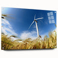 Acrylic glass wall art featuring a vibrant landscape with windmills set against a serene sky, displayed in a stylish side view, highlighting its modern design and sleek pins.