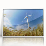 Framed wall art showcasing a serene landscape with windmills, featuring a white frame and acrylic front, perfect for modern home decor accents.