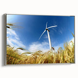 Framed canvas wall art showcasing a serene landscape with windmills, featuring a silver frame and elegant design, perfect for home decor enhancement.