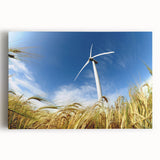 Stretched canvas wall art depicting a vibrant landscape with windmills, featuring a blend of blues and greens, ideal for home decor or office settings.