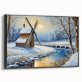 Framed canvas wall art showcasing a serene landscape with windmills, featuring a black frame and side view, perfect for home or office decor.