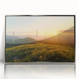 Framed acrylic wall art showcasing a stunning landscape with windmills, featuring a silver frame. Ideal for modern home decor, adding elegance and charm to any space.