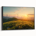 Framed canvas wall art depicting a scenic landscape with windmills, showcasing soft pastel colors and tranquil skies, perfect for home decor.