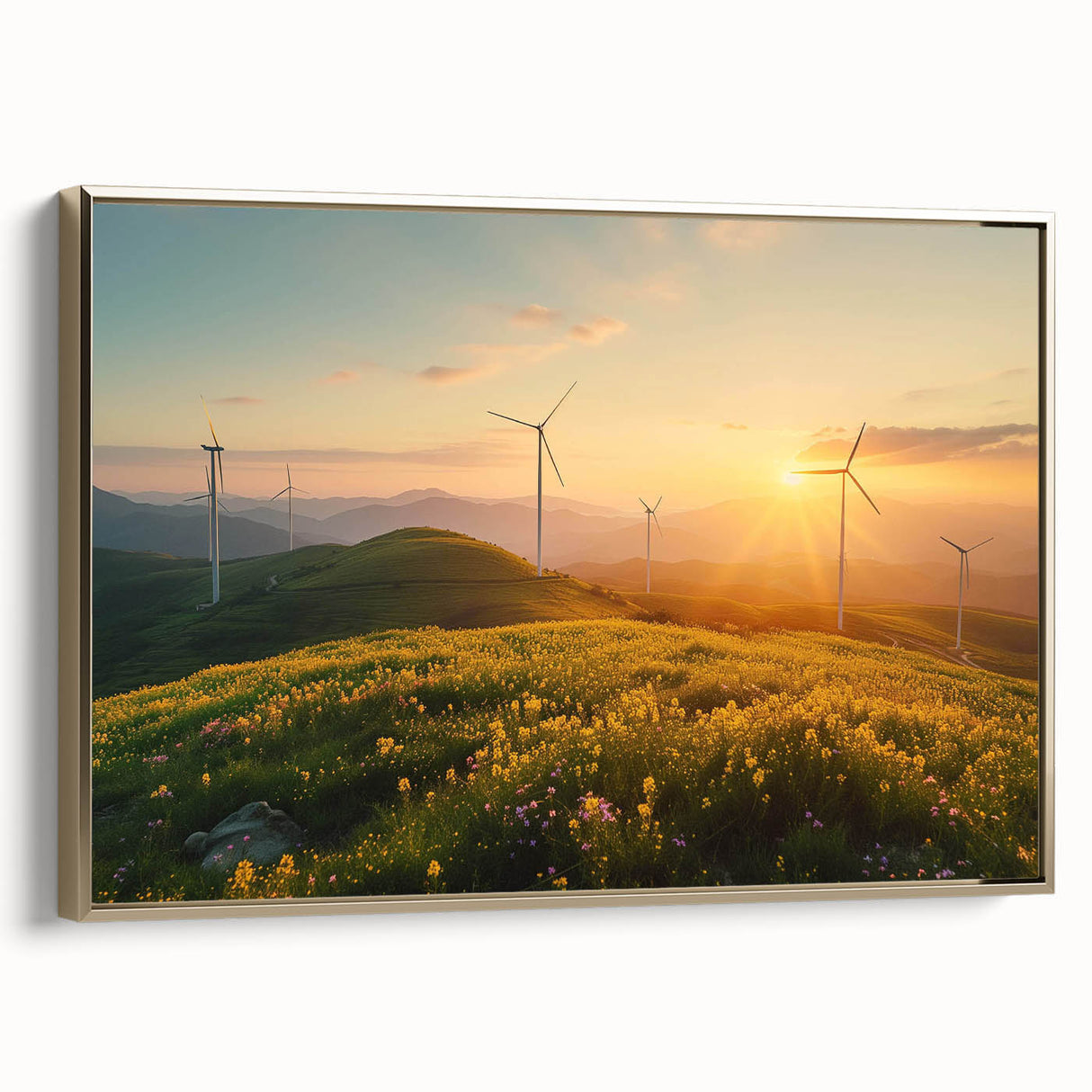 Framed wall art featuring a serene landscape with windmills, showcasing a blend of soft colors and intricate details, perfect for enhancing home decor in modern settings.