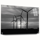 Acrylic glass wall art print depicting a serene landscape with windmills, showcasing vibrant colors and intricate details, ideal for modern home decor.