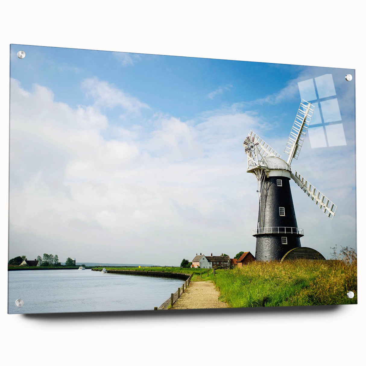 Acrylic glass wall art showcasing a vibrant landscape with windmills, designed for modern decor, featuring a side view with pins for easy hanging.