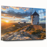 Acrylic glass wall art collection showcasing a beautiful landscape with windmills, featuring vibrant colors and intricate details, presented in a side view with pins for easy hanging. Ideal for enhancing home decor with a touch of elegance and nature-inspired design.