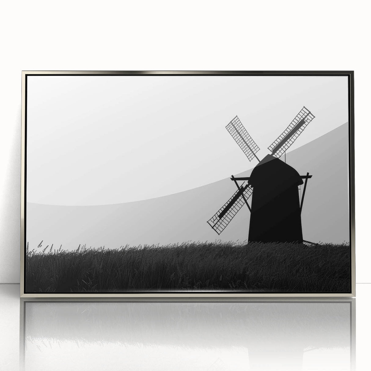 Framed acrylic wall art featuring a serene landscape with windmills, surrounded by greenery and a clear blue sky, ideal for home decor.