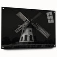 Acrylic glass wall art collection showcasing a vibrant landscape with windmills, featuring a side view display and decorative pins for mounting.