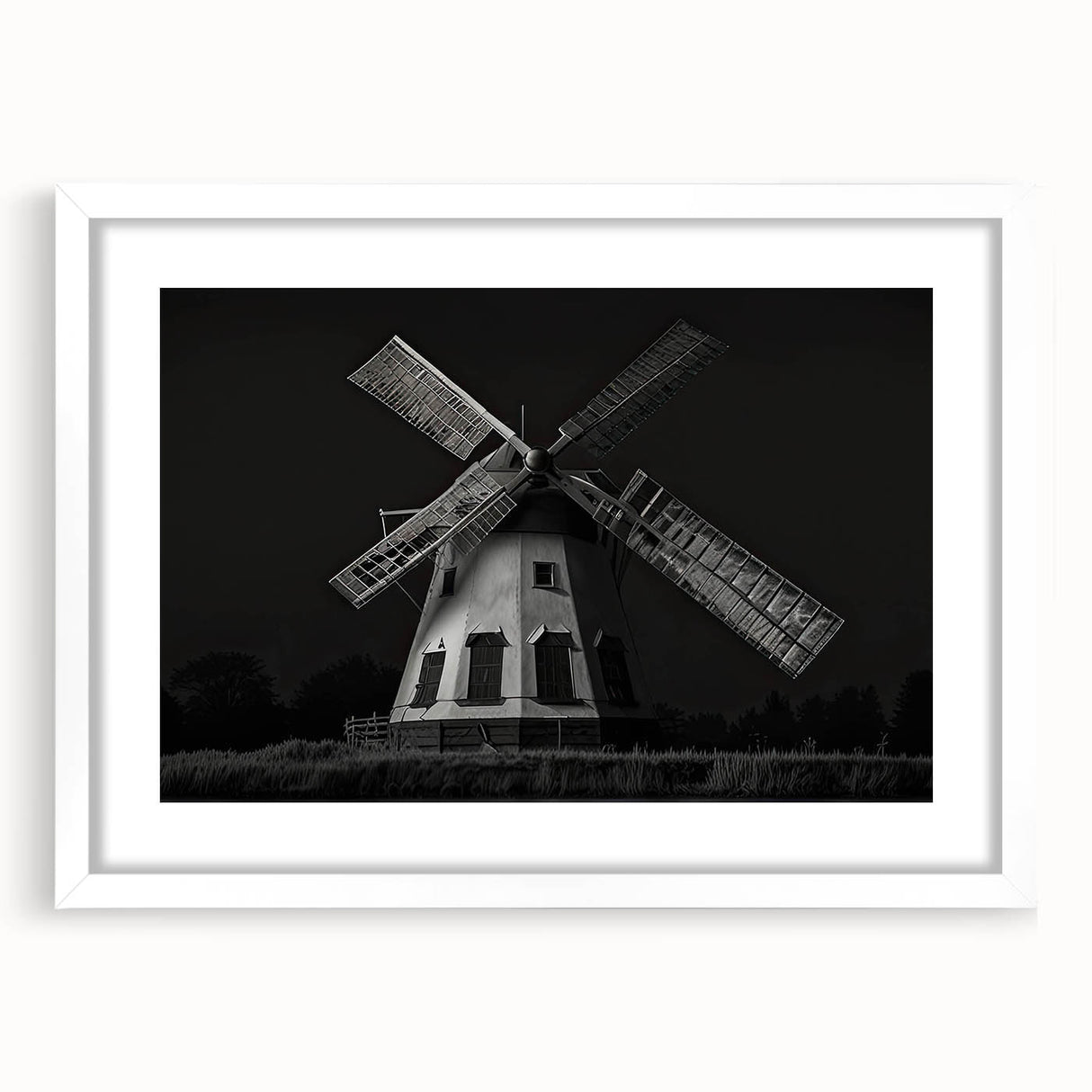 Framed wall art piece showcasing a serene landscape with windmills, featuring a white mat and sleek frame, perfect for enhancing home decor with a tranquil vibe.