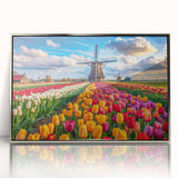 Framed wall art featuring a serene landscape with windmills, showcased in a sleek silver frame, ideal for home or office decor, enhancing modern interiors.