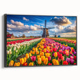 Framed canvas wall art featuring a scenic landscape with windmills, showcasing vibrant colors and intricate details, perfect for home decor.