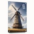 Acrylic wall art design showcasing a vibrant landscape with windmills, displayed in a stylish side view, featuring decorative pins for easy hanging. Ideal for enhancing modern interior decor.
