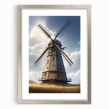 Framed wall art showcasing a serene landscape with windmills, featuring a silver mat and frame, perfect for enhancing modern home decor and creating a calming ambiance.