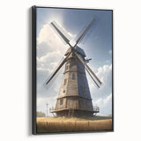 Framed canvas wall art showcasing a picturesque landscape with windmills, featuring a black frame and side view, perfect for enhancing home decor with its serene charm.