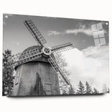 Acrylic wall art collection featuring a vibrant landscape design with windmills, showcased in a side view with metal pins, perfect for modern home decor.