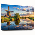 Acrylic glass wall art showcasing a vibrant landscape with windmills, featuring a side view and detailed pin accents, ideal for home decor enhancement.