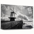 Acrylic glass wall art featuring a serene landscape with windmills, showcasing vibrant colors and intricate details, presented in a side view with pins for easy display.