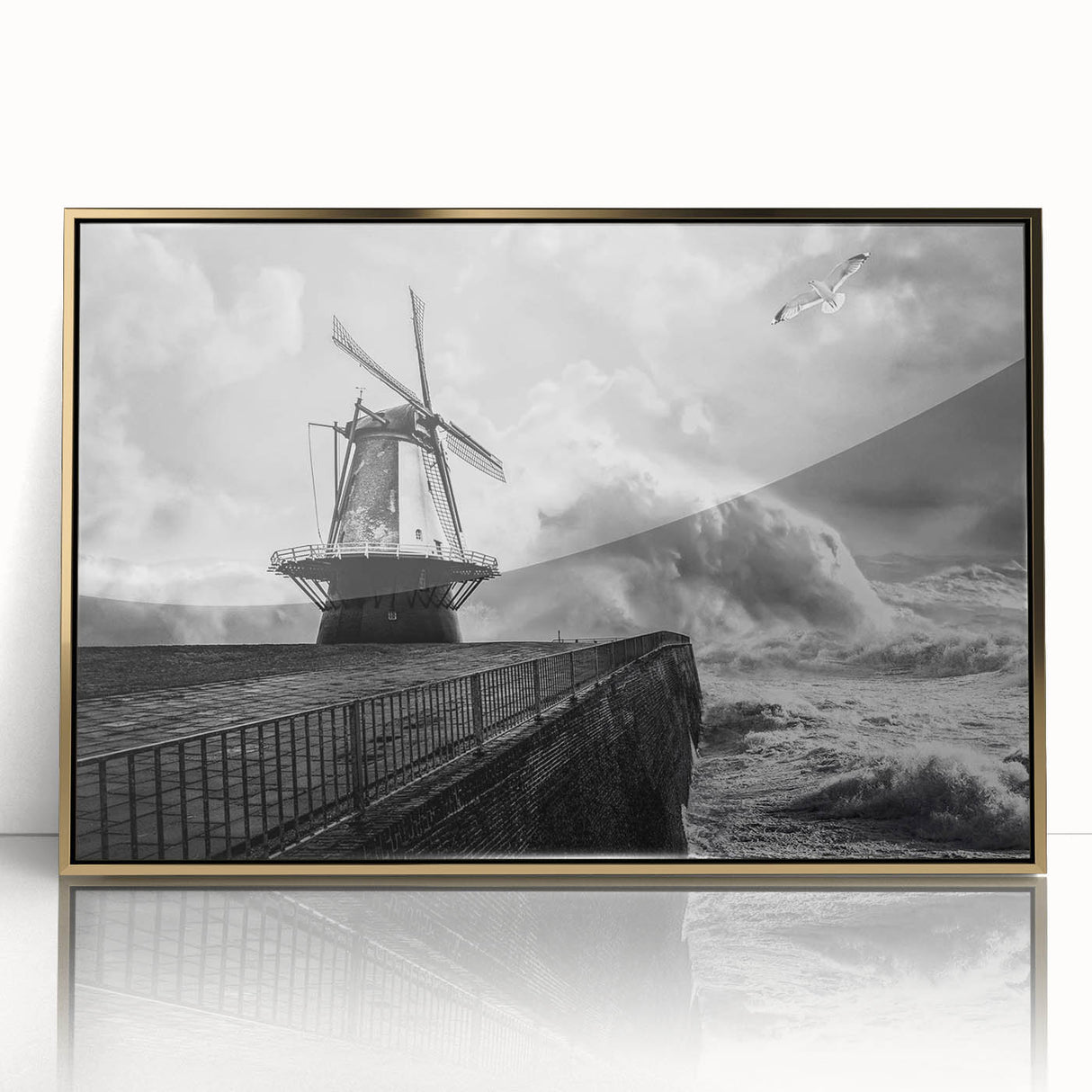 Framed acrylic wall art depicting vibrant landscapes and classic windmills, featuring a gold border, perfect for enhancing home decor with a touch of elegance.