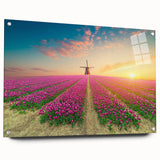 Acrylic wall art collection showcasing a vibrant landscape with windmills, presented in a side view with decorative pins, perfect for modern home decor.