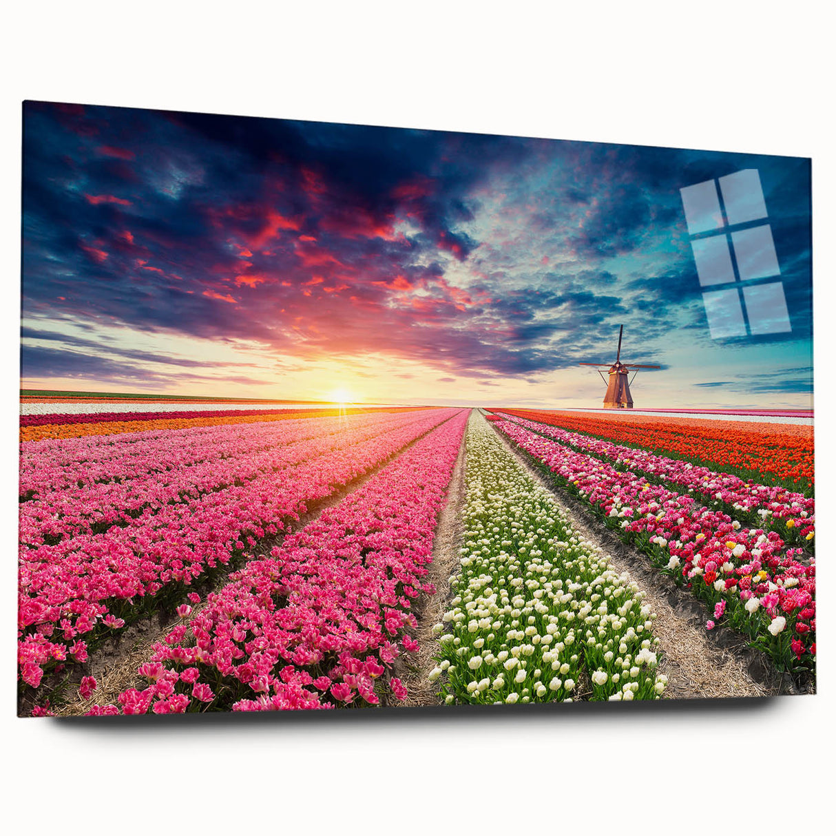 Acrylic glass wall art showcasing vibrant landscape featuring windmills, presented in a side view without pins, ideal for modern home decor.