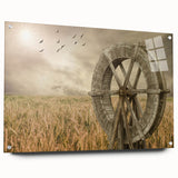 Acrylic wall art collection showcasing a picturesque landscape with windmills in a vibrant color palette, displayed in a sleek side view with pins for hanging.