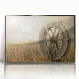 Framed wall art design showcasing a picturesque landscape with windmills, featuring a silver-accented frame. Ideal for enhancing modern home decor aesthetic.