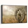 Framed canvas wall art showcasing a serene landscape with windmills, featuring a black frame and a side view, perfect for home decor and aesthetic enhancement.