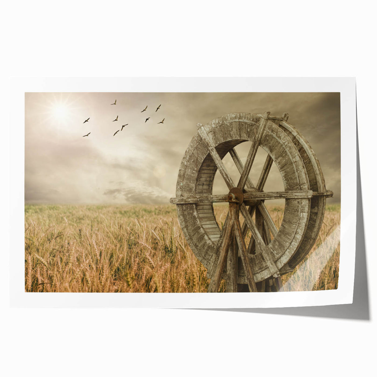 Vibrant rolled print of a serene landscape featuring windmills against a blue sky, ideal for home decor and art enthusiasts, packaged securely for delivery.