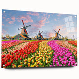 Acrylic glass wall art showcasing a vibrant landscape with windmills, featuring a side view design and mounted with pins, perfect for modern home decor.