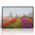 Framed wall art collection showcasing a serene landscape with windmills, featuring a black frame and acrylic front, ideal for home decor or office settings.