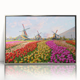 Framed acrylic wall art showcasing a serene landscape with windmills, designed in silver, perfect for enhancing modern decor in living spaces.